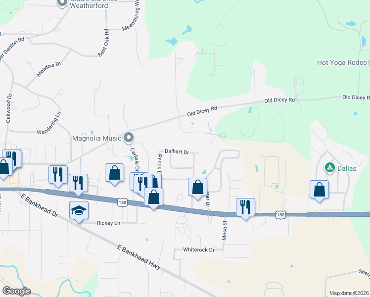 map of restaurants, bars, coffee shops, grocery stores, and more near 330 Dalhart Drive in Weatherford