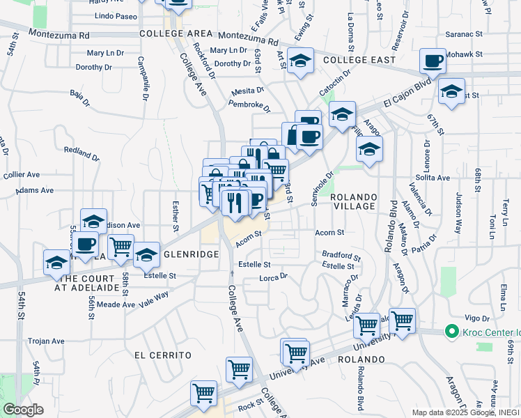 map of restaurants, bars, coffee shops, grocery stores, and more near 6165 El Cajon Boulevard in San Diego