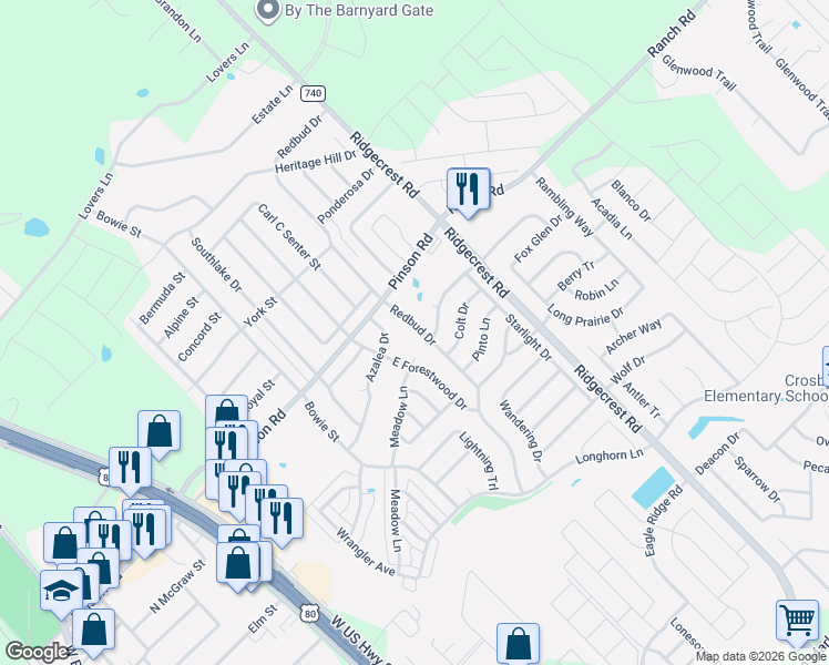map of restaurants, bars, coffee shops, grocery stores, and more near 205 Redbud Drive in Forney