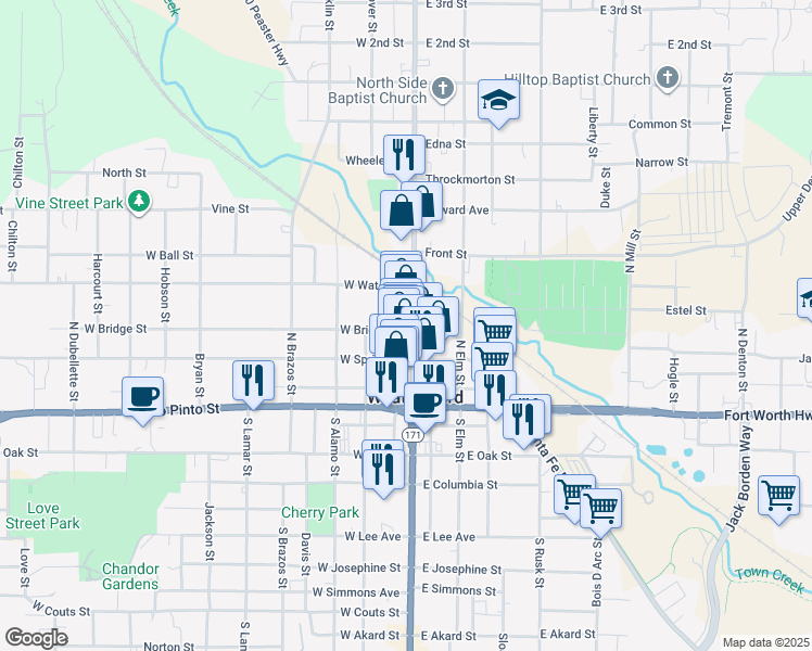 map of restaurants, bars, coffee shops, grocery stores, and more near 303 North Main Street in Weatherford
