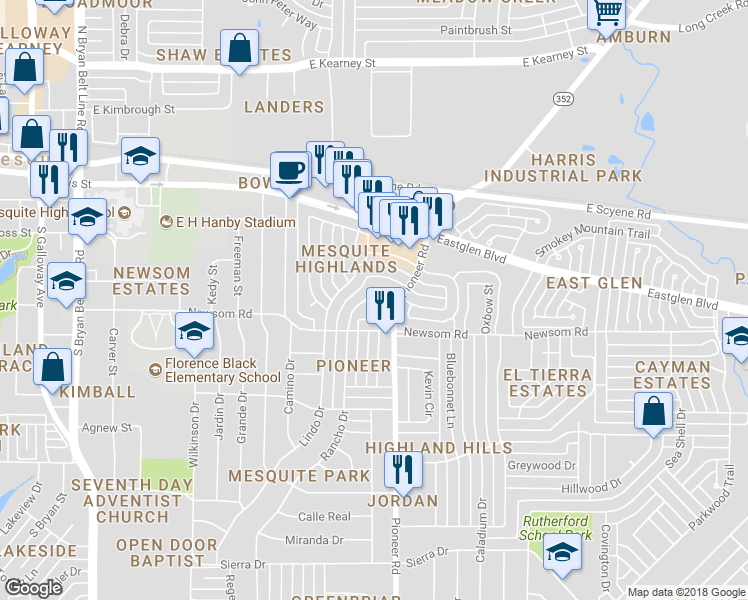 map of restaurants, bars, coffee shops, grocery stores, and more near 410 Paldao Drive in Mesquite