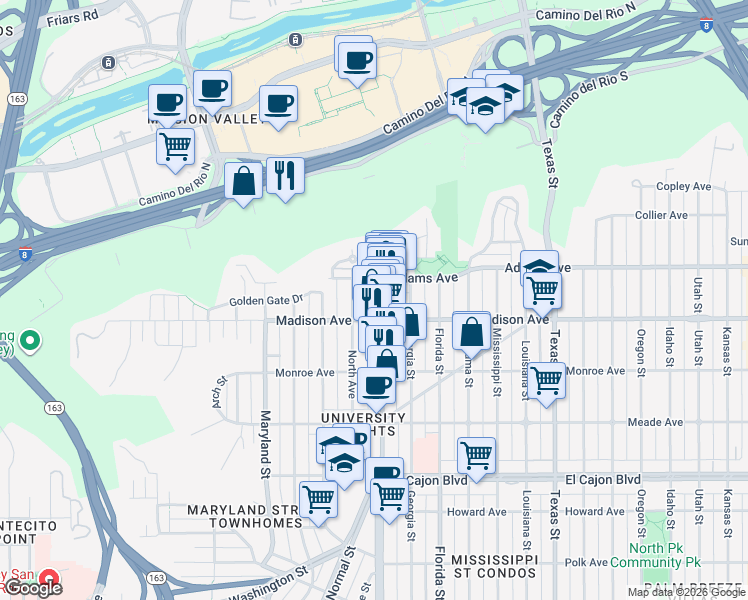 map of restaurants, bars, coffee shops, grocery stores, and more near 4640 Park Boulevard in San Diego