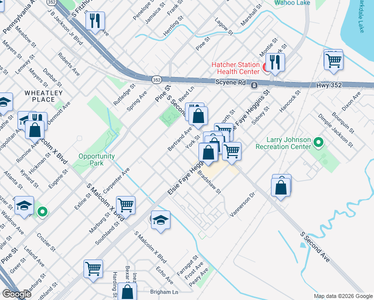 map of restaurants, bars, coffee shops, grocery stores, and more near 4600 Bradshaw Street in Dallas