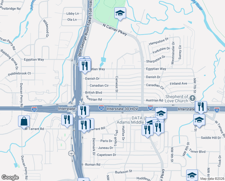 map of restaurants, bars, coffee shops, grocery stores, and more near 1510 British Boulevard in Grand Prairie
