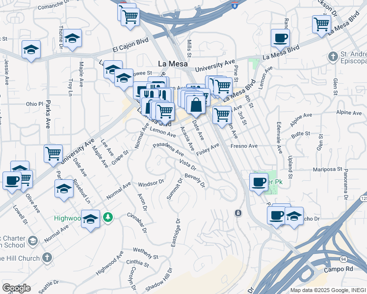 map of restaurants, bars, coffee shops, grocery stores, and more near 8147 Fairview Avenue in La Mesa