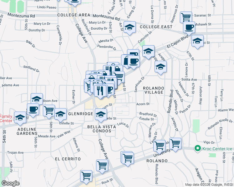 map of restaurants, bars, coffee shops, grocery stores, and more near 6165 El Cajon Boulevard in San Diego