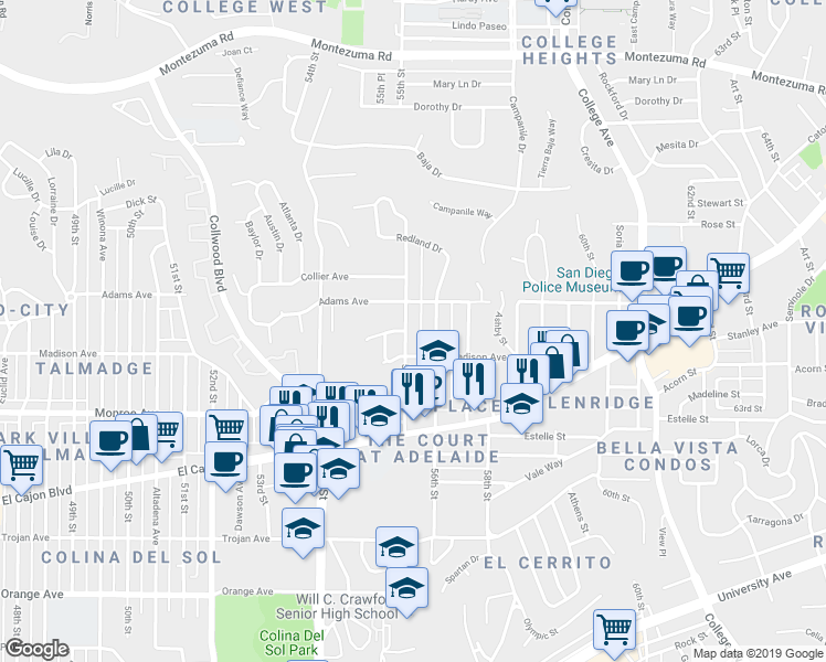 map of restaurants, bars, coffee shops, grocery stores, and more near 4657 Cajon Way in San Diego
