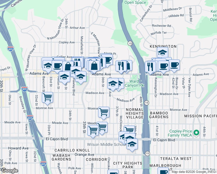 map of restaurants, bars, coffee shops, grocery stores, and more near 4609 East Mountain View Drive in San Diego