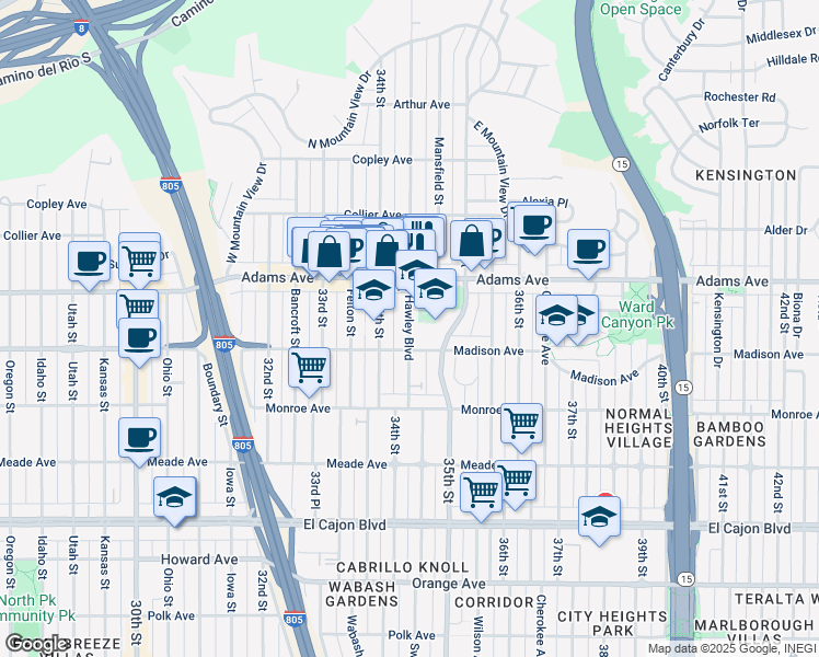 map of restaurants, bars, coffee shops, grocery stores, and more near 4620 Hawley Boulevard in San Diego