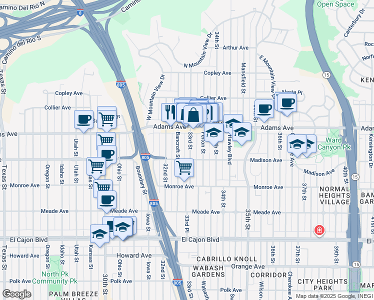 map of restaurants, bars, coffee shops, grocery stores, and more near 4620 33rd Street in San Diego