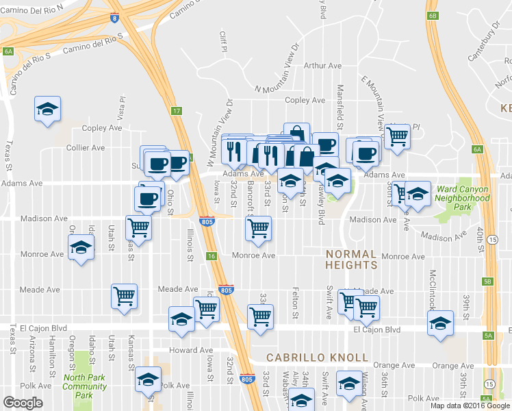 map of restaurants, bars, coffee shops, grocery stores, and more near 4620 33rd Street in San Diego