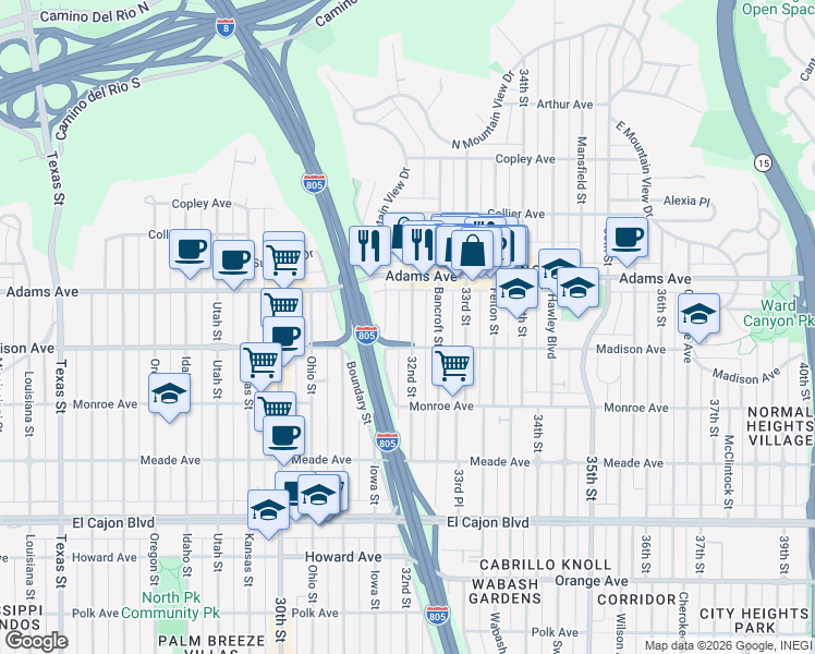 map of restaurants, bars, coffee shops, grocery stores, and more near 4621 32nd Street in San Diego