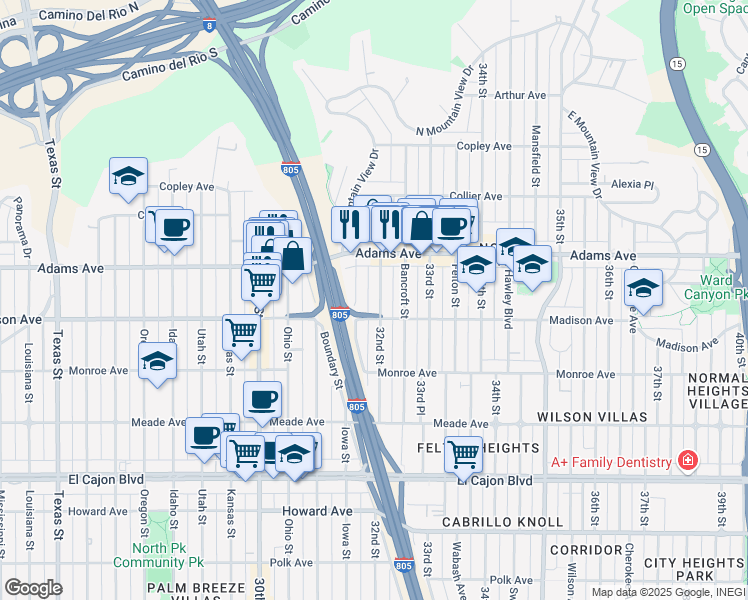 map of restaurants, bars, coffee shops, grocery stores, and more near 4615 Iowa Street in San Diego