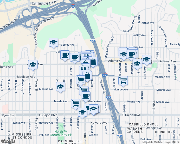 map of restaurants, bars, coffee shops, grocery stores, and more near 4630a Ohio Street in San Diego