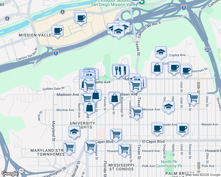map of restaurants, bars, coffee shops, grocery stores, and more near 4625 Alabama Street in San Diego