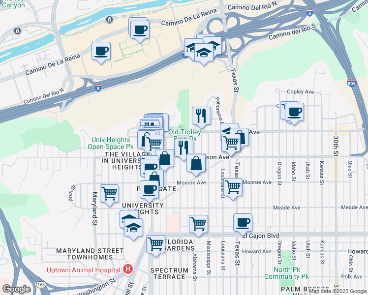 map of restaurants, bars, coffee shops, grocery stores, and more near 4619 Georgia Street in San Diego