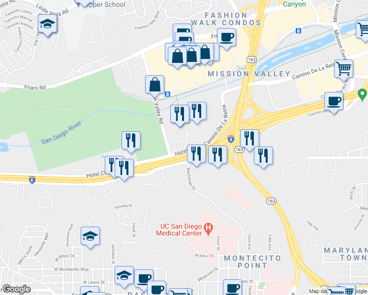 map of restaurants, bars, coffee shops, grocery stores, and more near 500 Hotel Circle North in San Diego