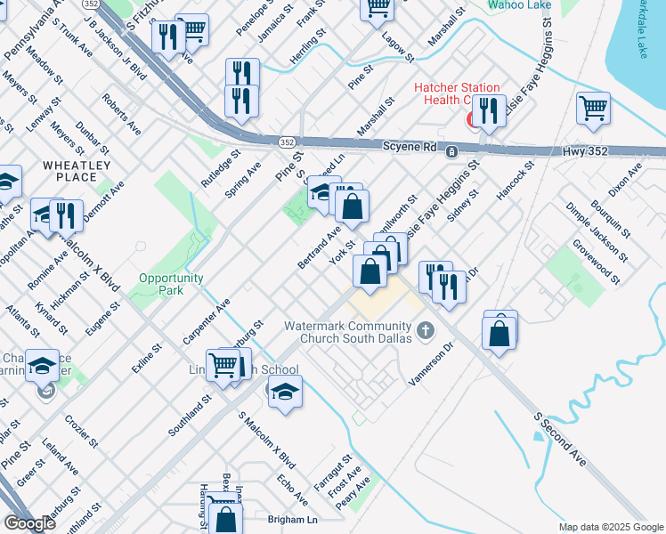 map of restaurants, bars, coffee shops, grocery stores, and more near 4600 Bradshaw Street in Dallas