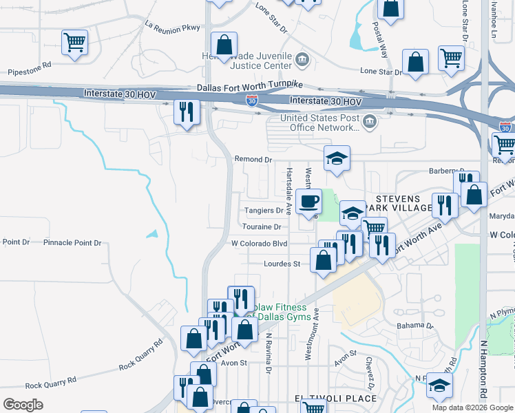 map of restaurants, bars, coffee shops, grocery stores, and more near 3125 Touraine Drive in Dallas
