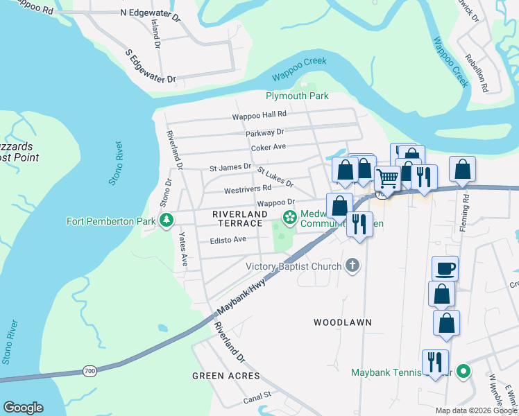 map of restaurants, bars, coffee shops, grocery stores, and more near 2133 Wappoo Drive in Charleston