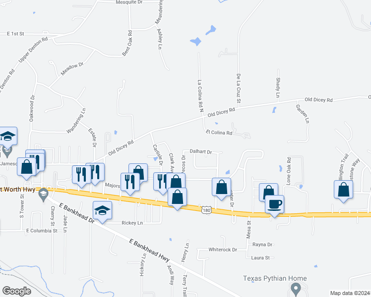 map of restaurants, bars, coffee shops, grocery stores, and more near 366 Dalhart Drive in Weatherford