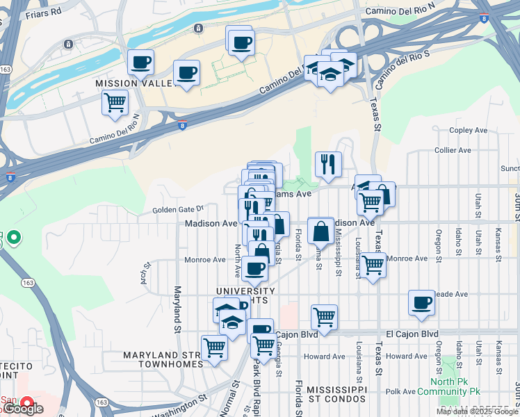map of restaurants, bars, coffee shops, grocery stores, and more near 4639 Park Boulevard in San Diego