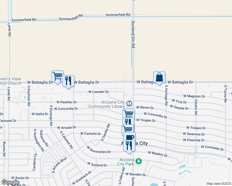 map of restaurants, bars, coffee shops, grocery stores, and more near 9861 West Leander Drive in Arizona City
