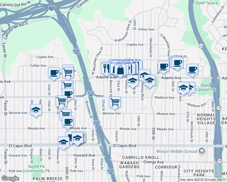 map of restaurants, bars, coffee shops, grocery stores, and more near 4620 33rd Street in San Diego