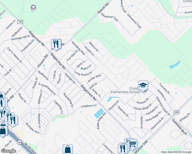 map of restaurants, bars, coffee shops, grocery stores, and more near 236 Archer Way in Forney