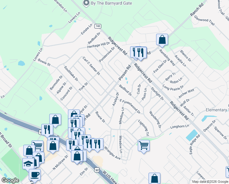 map of restaurants, bars, coffee shops, grocery stores, and more near 320 Forestwood Drive in Forney
