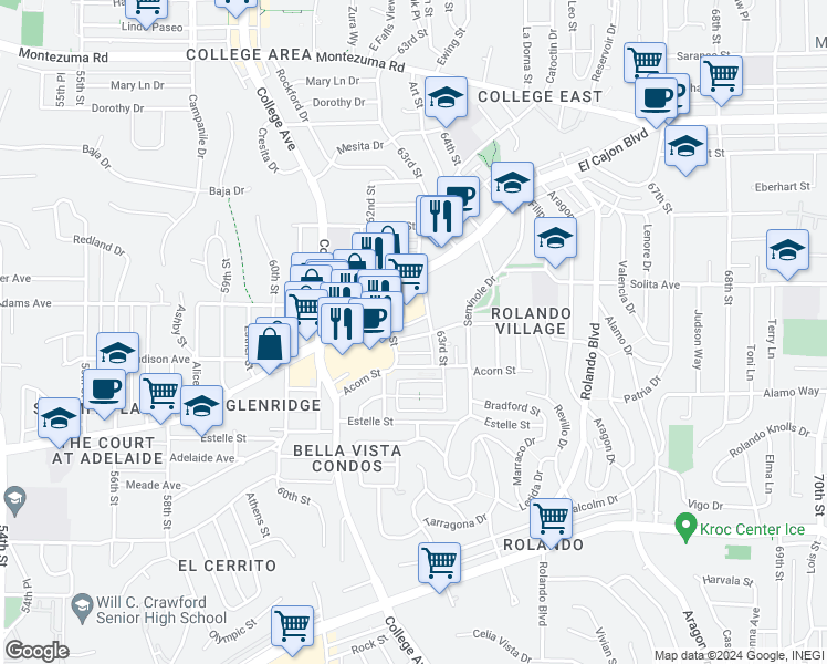 map of restaurants, bars, coffee shops, grocery stores, and more near 6264 1/2 Stanley Avenue in San Diego
