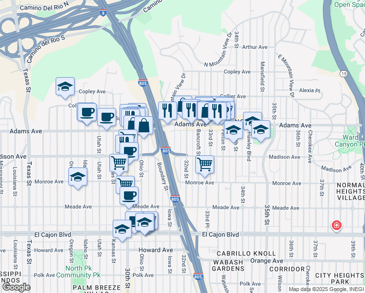 map of restaurants, bars, coffee shops, grocery stores, and more near 4615 Iowa Street in San Diego