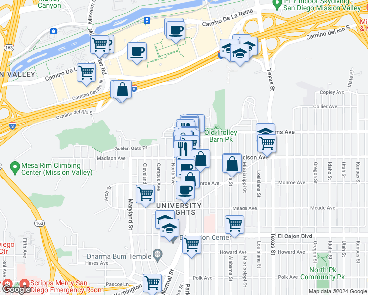 map of restaurants, bars, coffee shops, grocery stores, and more near 4640 Park Boulevard in San Diego