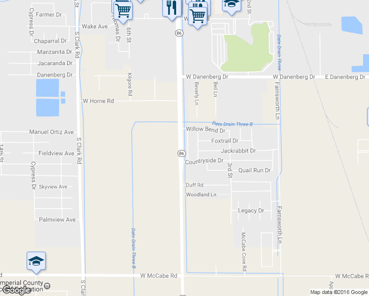 map of restaurants, bars, coffee shops, grocery stores, and more near 3566 Rebecca Street in El Centro
