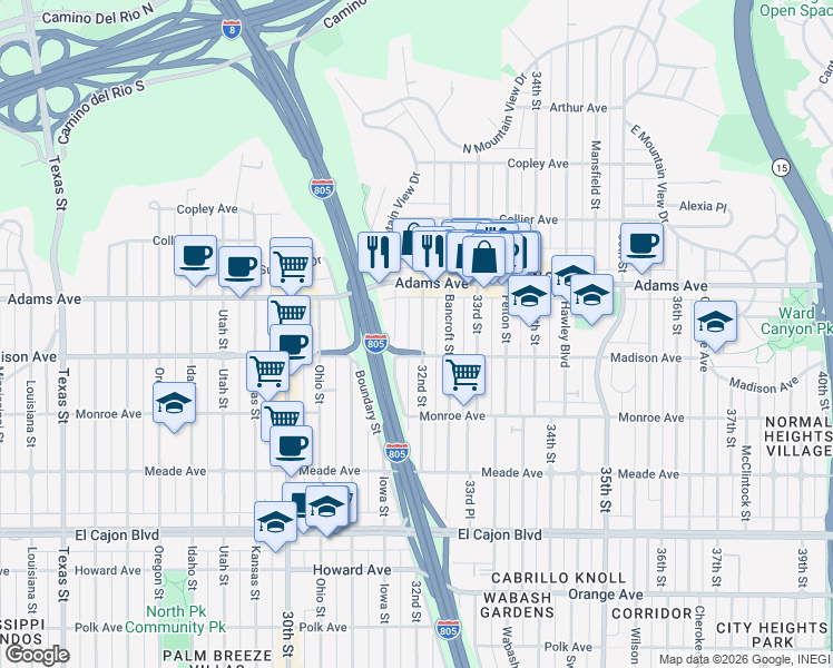 map of restaurants, bars, coffee shops, grocery stores, and more near 4621 32nd Street in San Diego