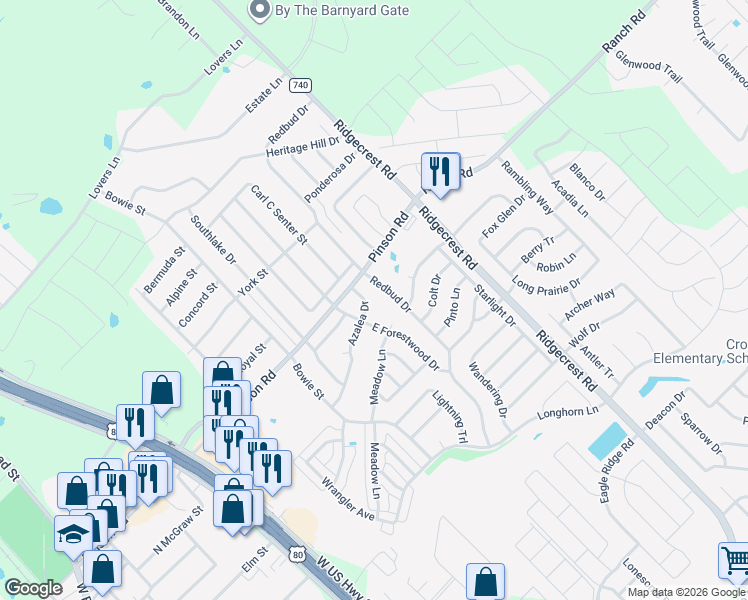 map of restaurants, bars, coffee shops, grocery stores, and more near 205 Redbud Drive in Forney