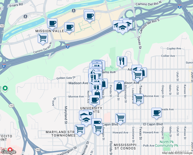 map of restaurants, bars, coffee shops, grocery stores, and more near 4643 Park Boulevard in San Diego