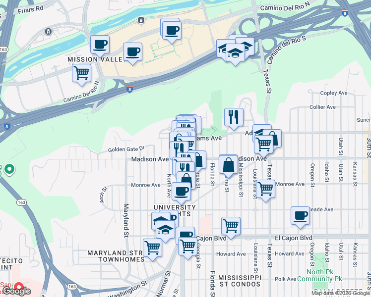 map of restaurants, bars, coffee shops, grocery stores, and more near 4643 Park Boulevard in San Diego