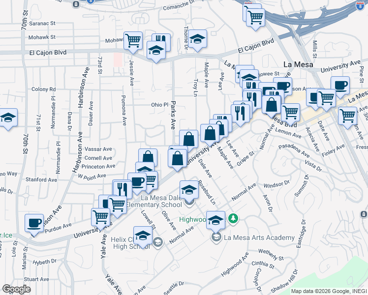 map of restaurants, bars, coffee shops, grocery stores, and more near 4561 Parks Avenue in La Mesa