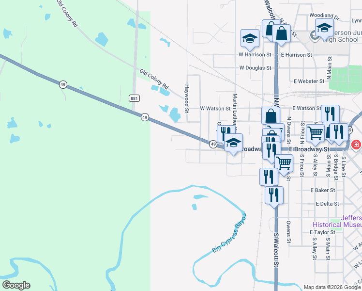 map of restaurants, bars, coffee shops, grocery stores, and more near 698 West Broadway Street in Jefferson