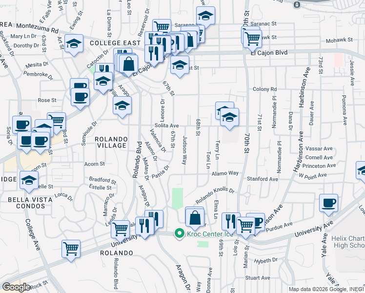 map of restaurants, bars, coffee shops, grocery stores, and more near 4572 Judson Way in La Mesa