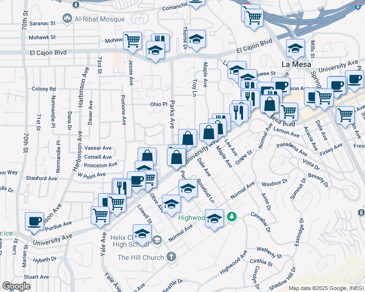 map of restaurants, bars, coffee shops, grocery stores, and more near 4561 Parks Avenue in La Mesa