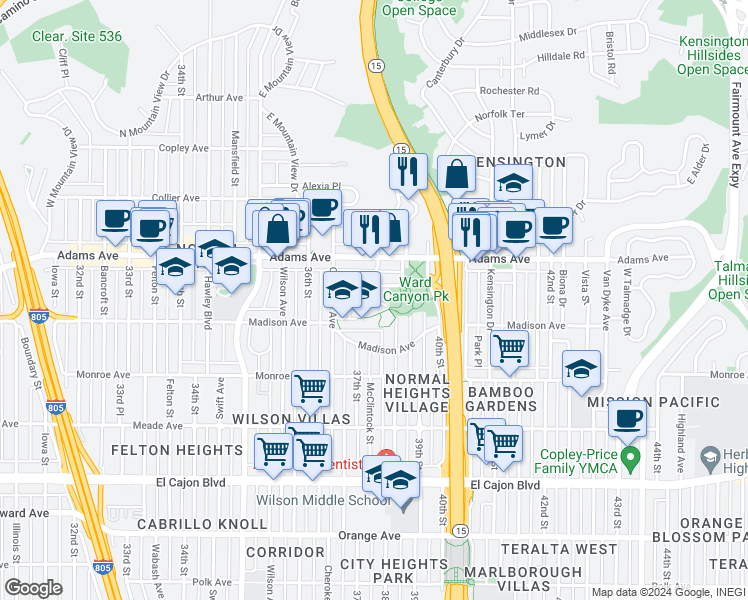 map of restaurants, bars, coffee shops, grocery stores, and more near 4636 38th Street in San Diego