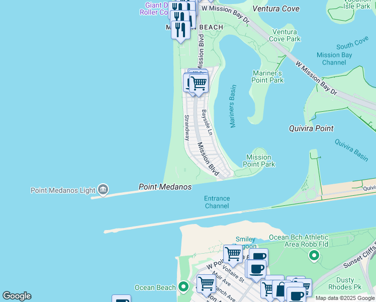 map of restaurants, bars, coffee shops, grocery stores, and more near 2721 Ocean Front Walk in San Diego