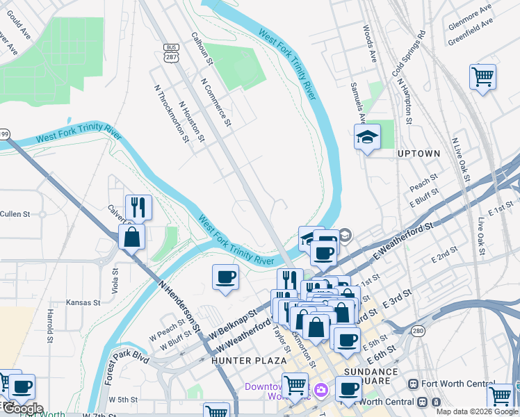 map of restaurants, bars, coffee shops, grocery stores, and more near 400 North Main Street in Fort Worth