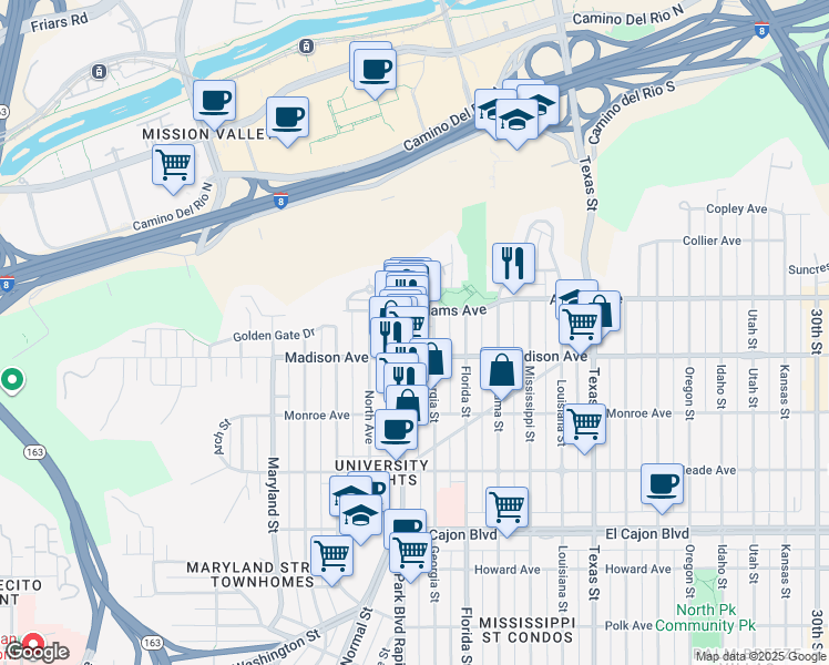 map of restaurants, bars, coffee shops, grocery stores, and more near 4639 Park Boulevard in San Diego
