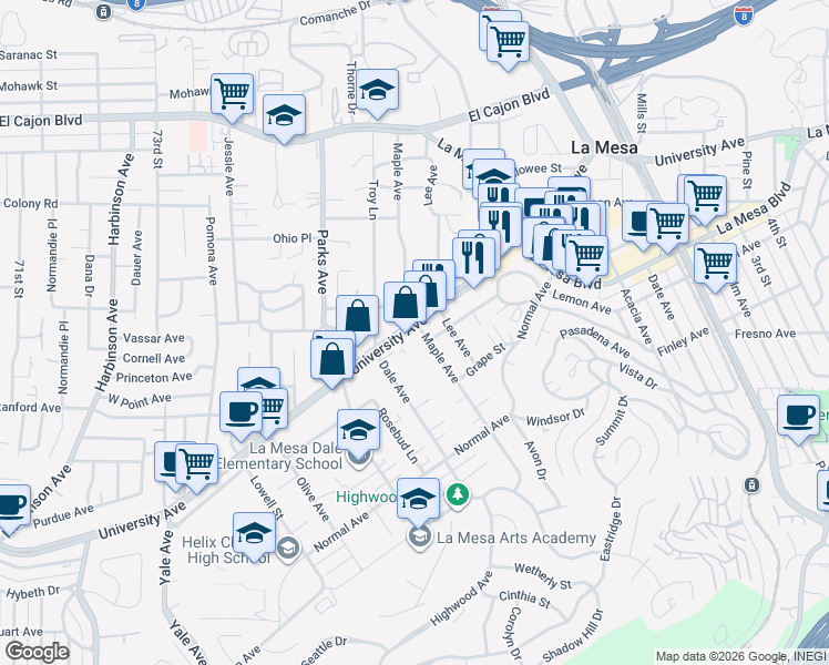 map of restaurants, bars, coffee shops, grocery stores, and more near 7759 University Avenue in La Mesa