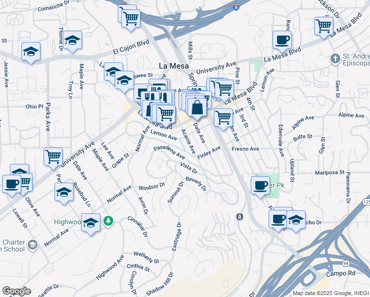 map of restaurants, bars, coffee shops, grocery stores, and more near 8147 Fairview Avenue in La Mesa