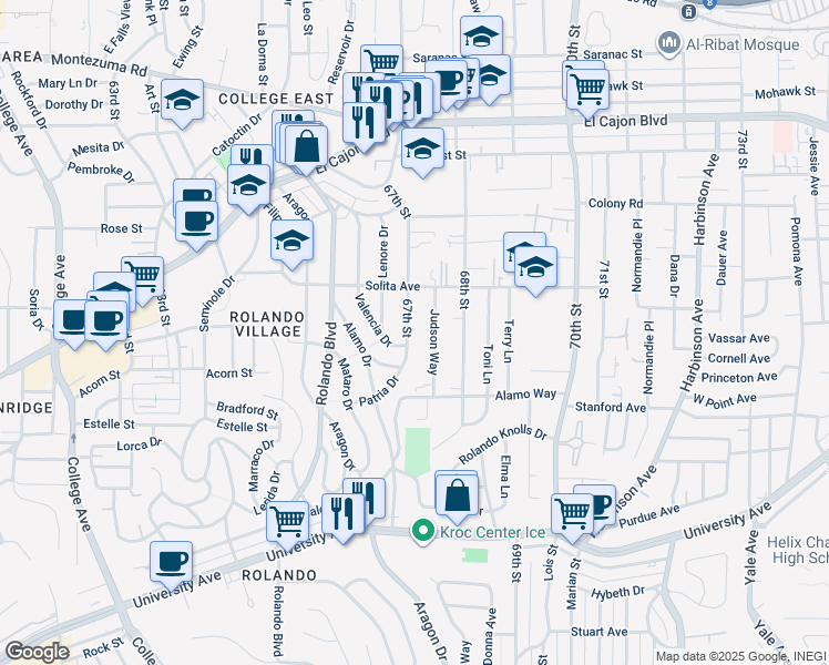map of restaurants, bars, coffee shops, grocery stores, and more near 4572 Judson Way in La Mesa