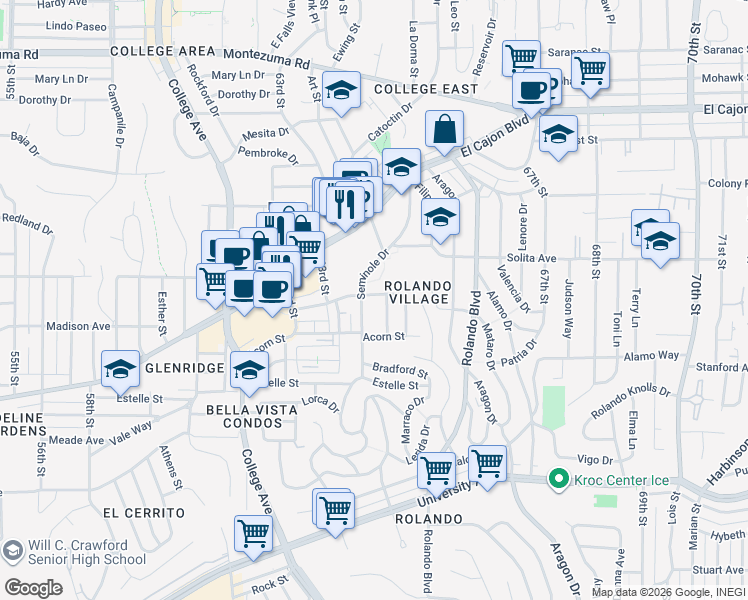 map of restaurants, bars, coffee shops, grocery stores, and more near 4623 Catherine Avenue in San Diego